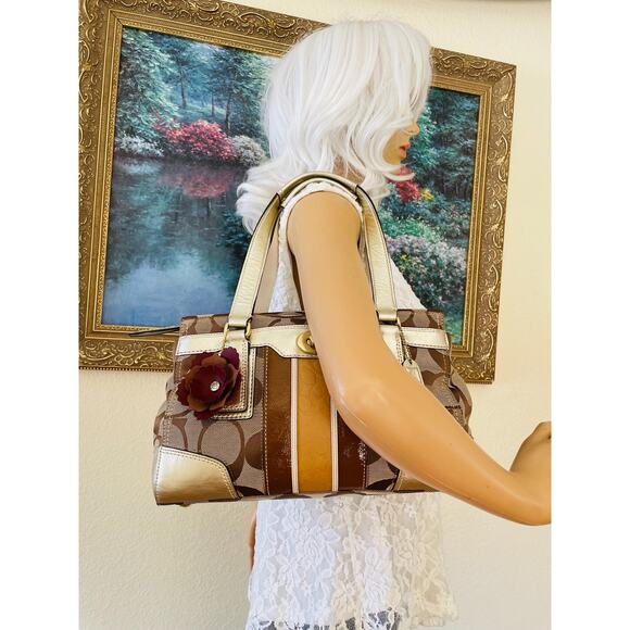 Coach Hampton brown/light metallic gold striped multicolored Carryall 11620 - Picture 3 of 10